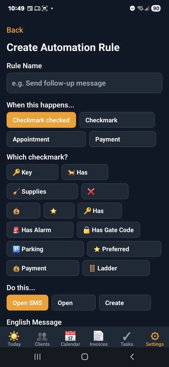 Create Automation Rule — pick a trigger, pick a checkmark, pick an action like Open SMS