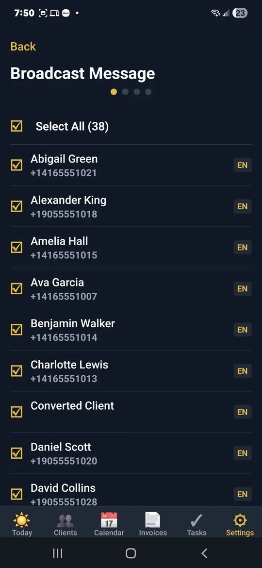 MyKlient broadcast SMS — one storm update sent to the whole client list at once
