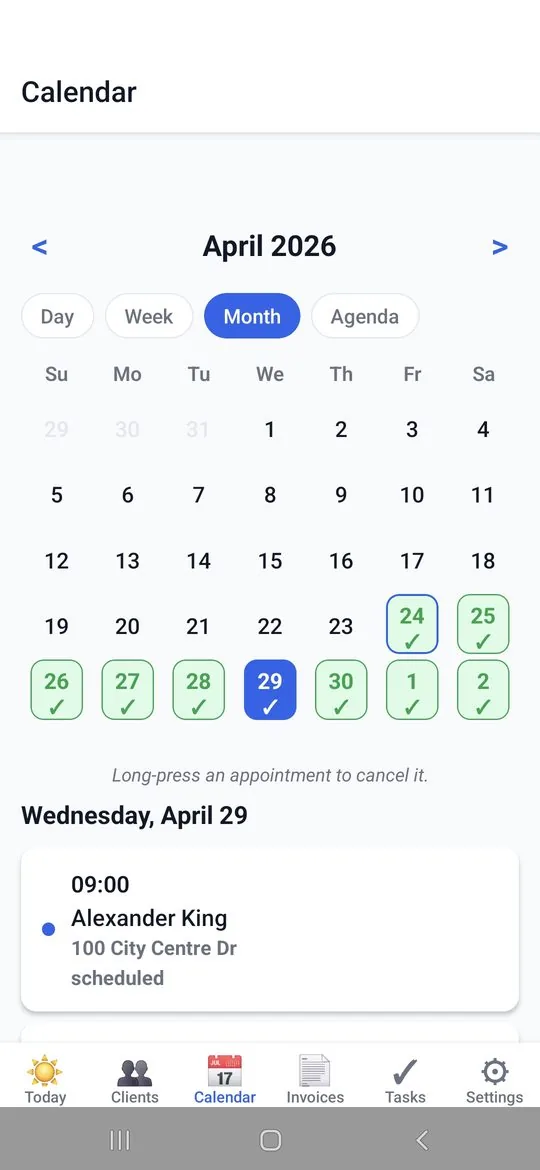 MyKlient calendar in light mode showing a week of scheduled window cleaning routes