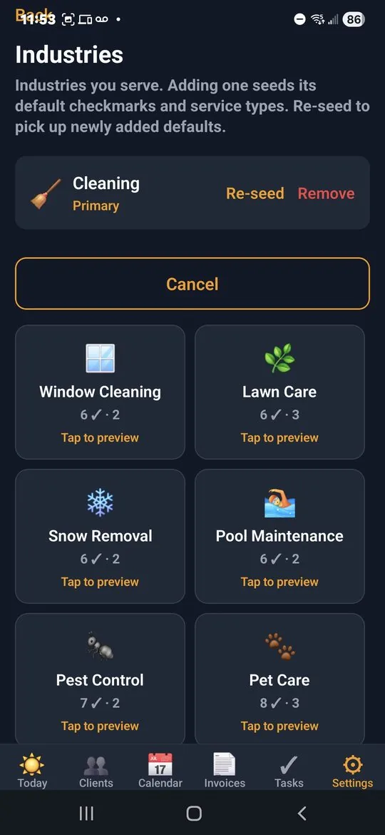 Industries picker showing Cleaning marked Primary plus Window Cleaning, Lawn Care, Snow Removal, Pool Maintenance, Pest Control and Pet Care — each with their own pre-seeded checkmarks and service types