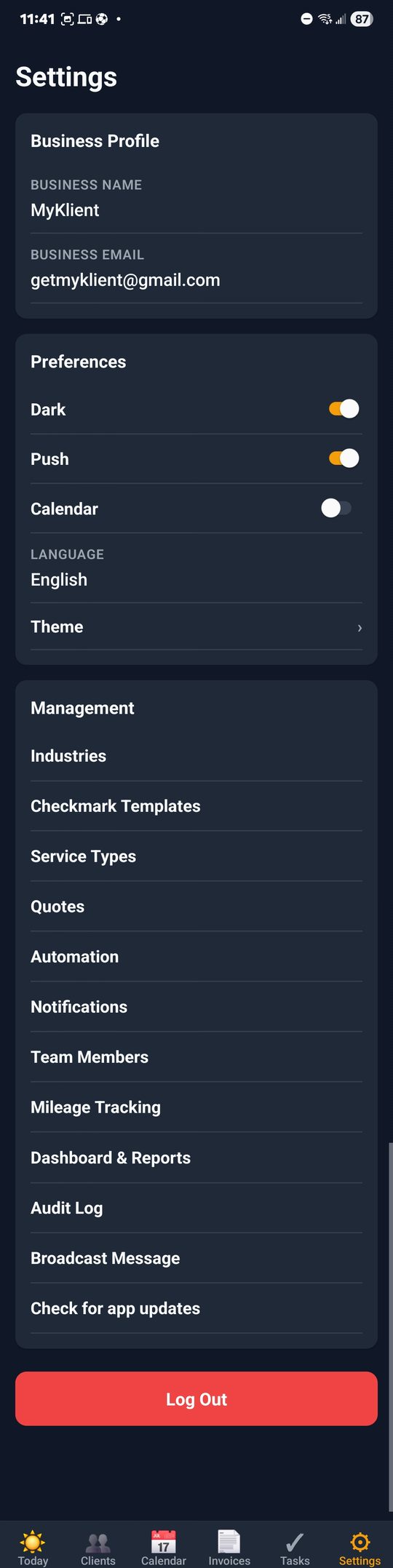 Full Settings page scrollshot showing Business Profile, Preferences, and Management sections — every knob in plain English
