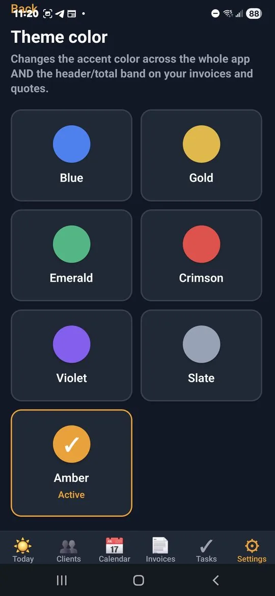 Theme color picker in dark mode showing seven accent options — Blue, Gold, Emerald, Crimson, Violet, Slate, Amber active